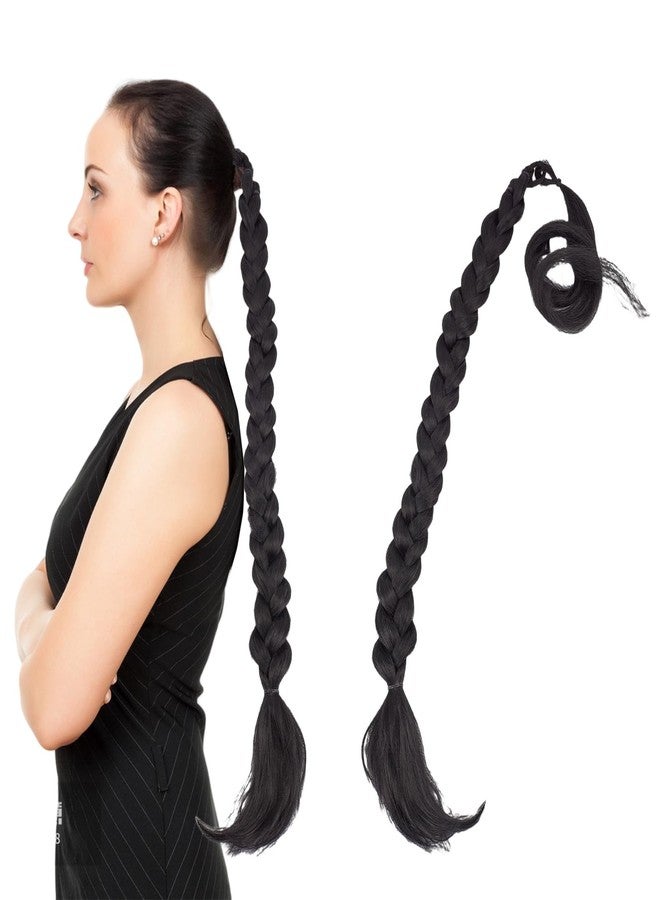 NICENEEDED Long Braid Ponytail Extension, Black Straight Sleek Wrap Around Braid Hair Extensions, 31.5 Inch Synthetic Drawstring Ponytail for Women Daily Wear - Image 1